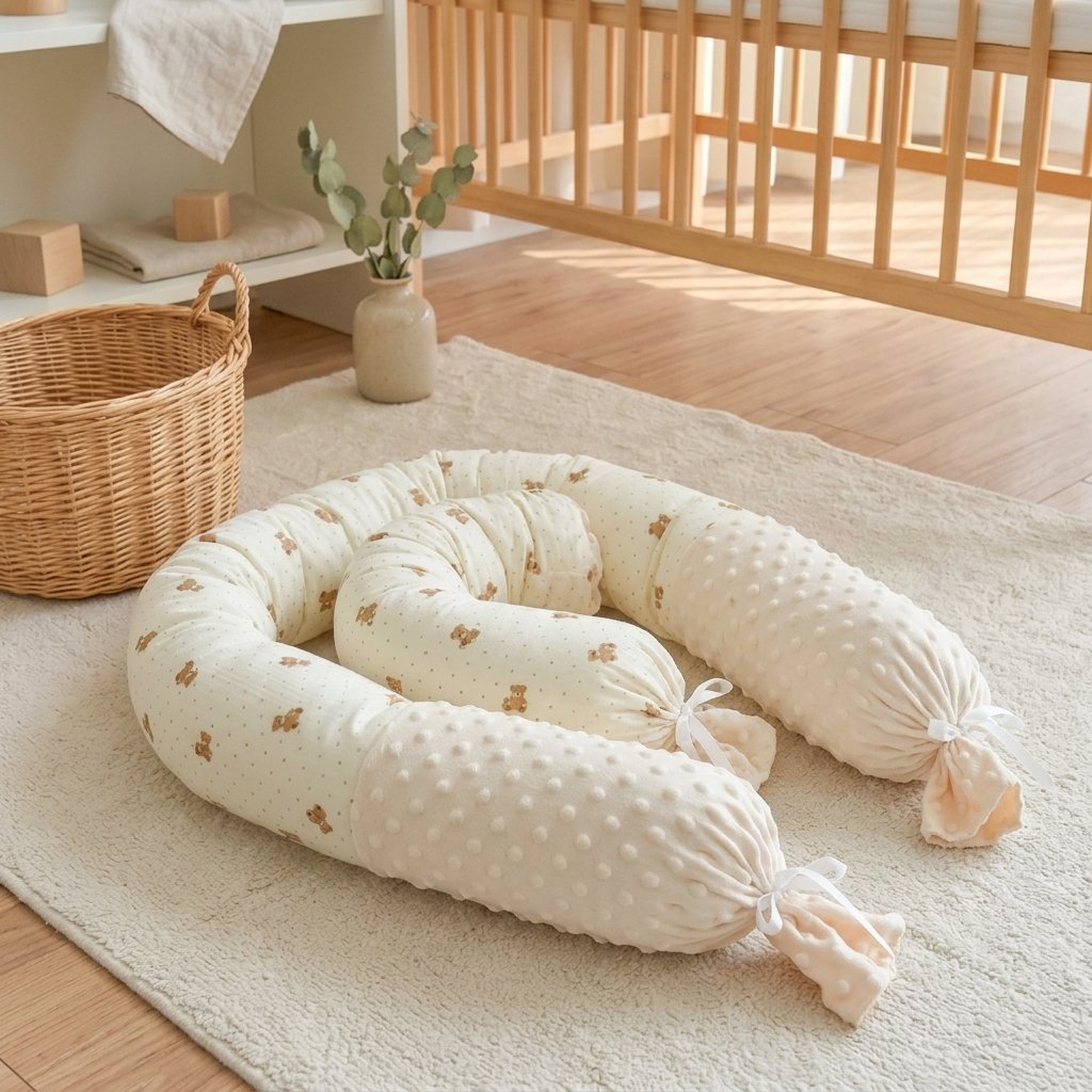 Tour de lit boudin oursons enroulé sur un tapis