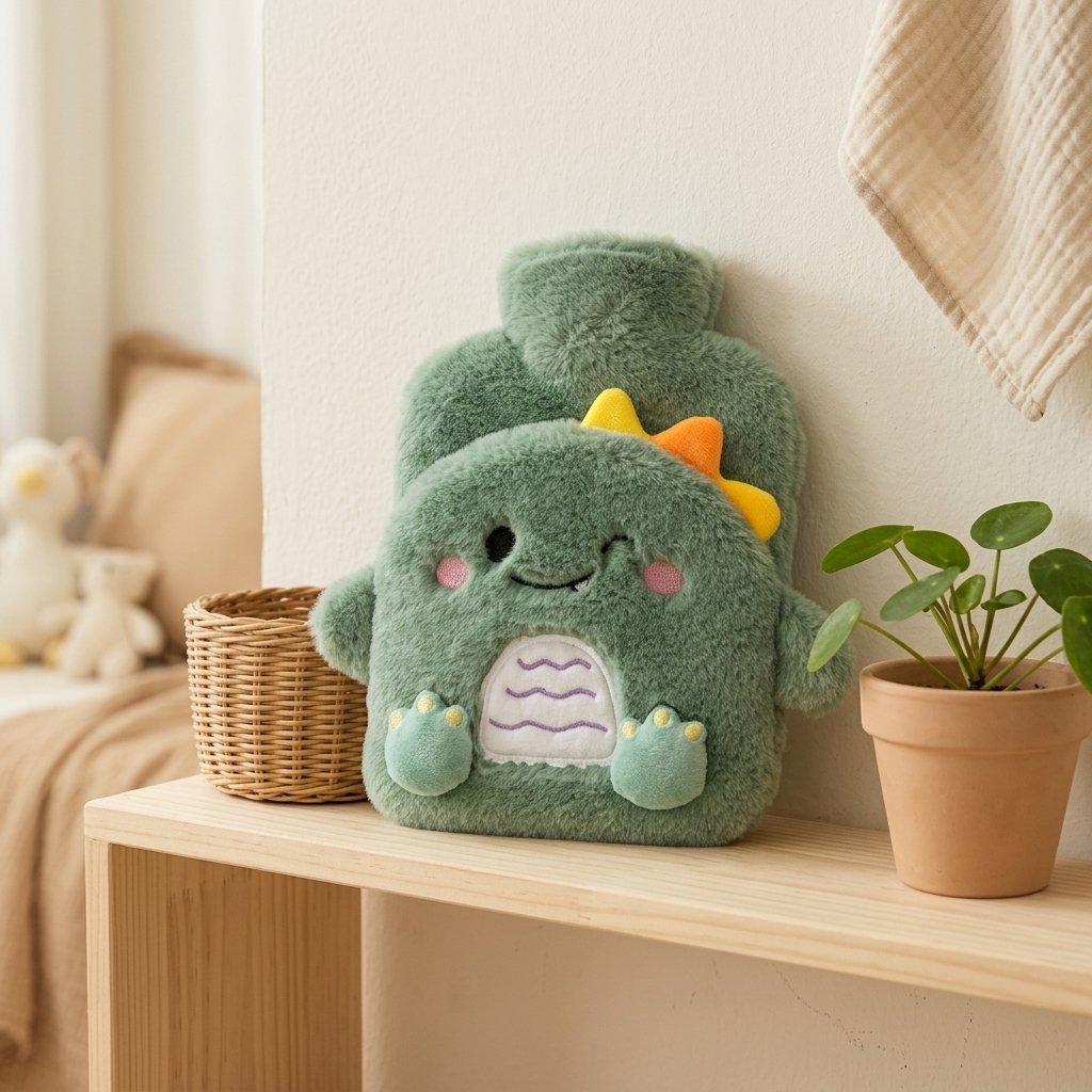 Bouillotte dinosaure sur une étagère de chambre d’enfant