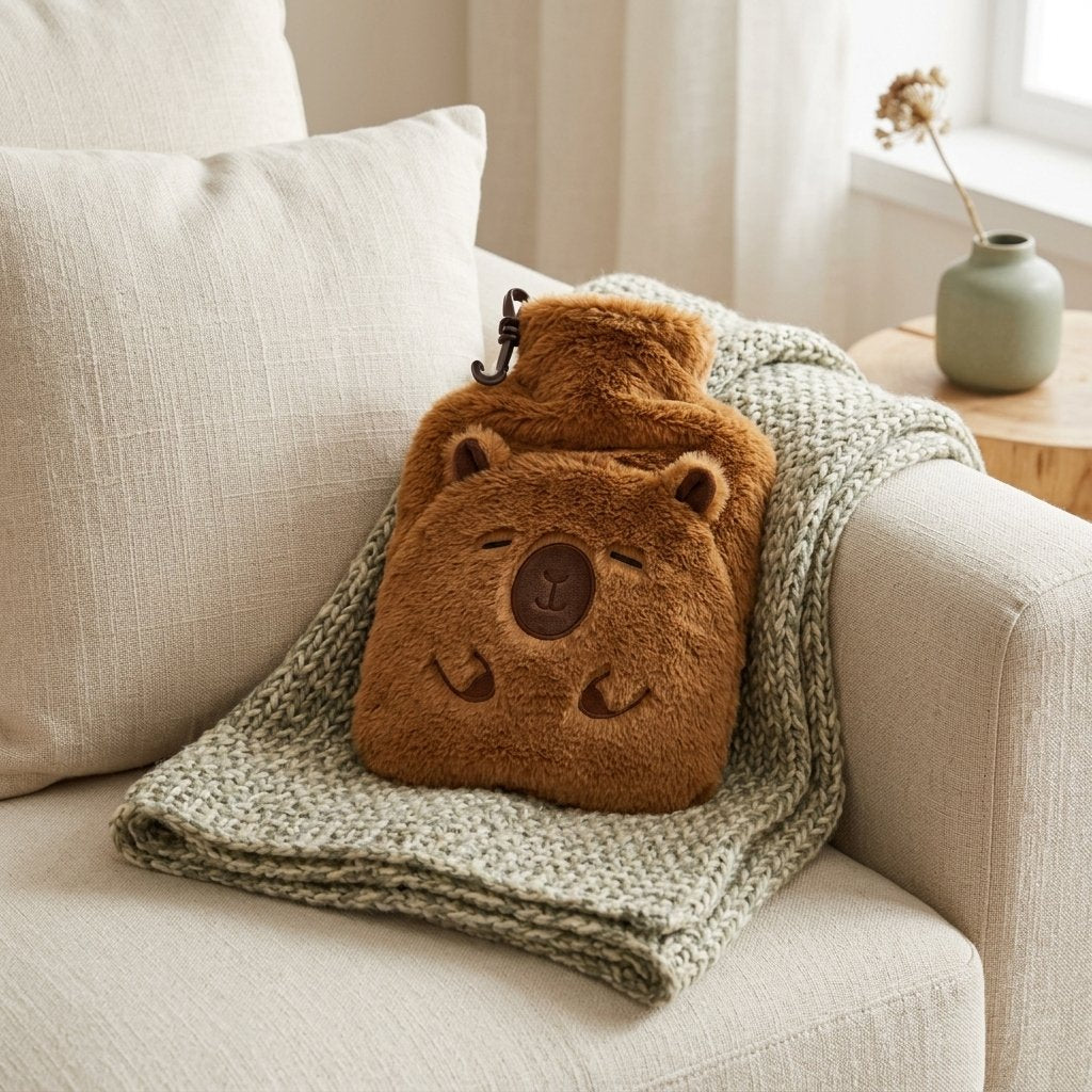 Bouillotte capybara sur un canapé avec un plaid