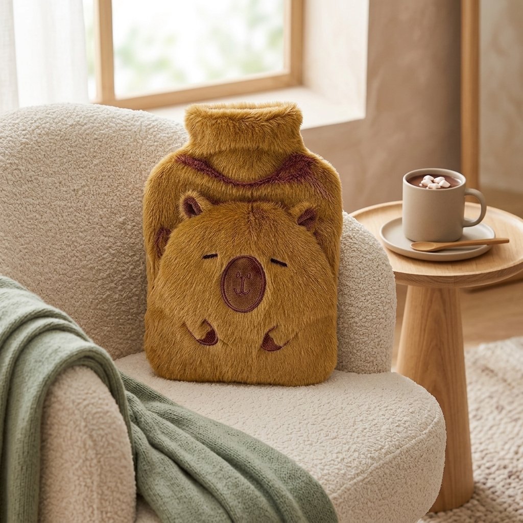 Bouillotte capybara sur un fauteuil à côté d’un chocolat chaud