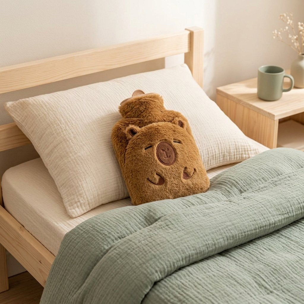 Bouillotte capybara sur l’oreiller d’un grand lit d’enfant