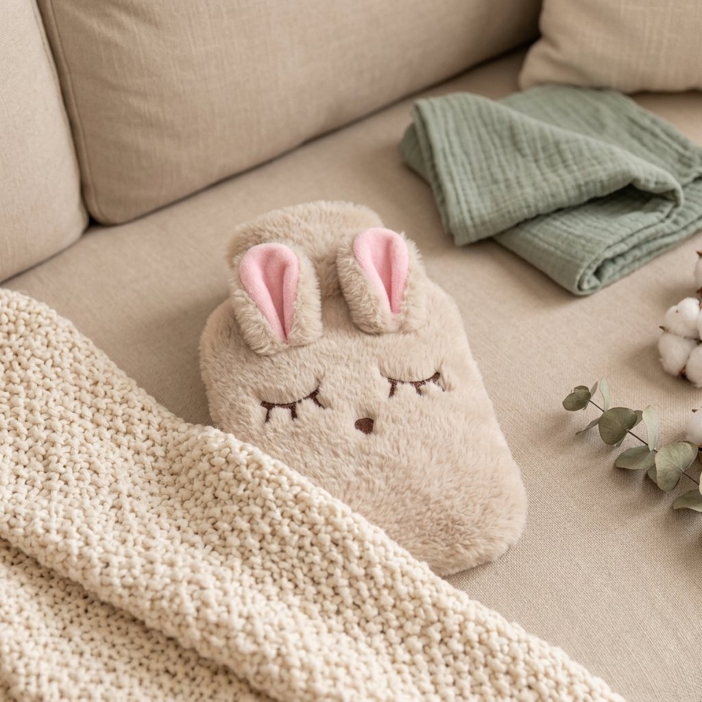 Bouillotte lapin endormi beige sous un plaid sur un canapé Image