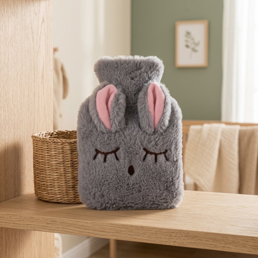 Bouillotte lapin endormi grise sur une étagère de chambre