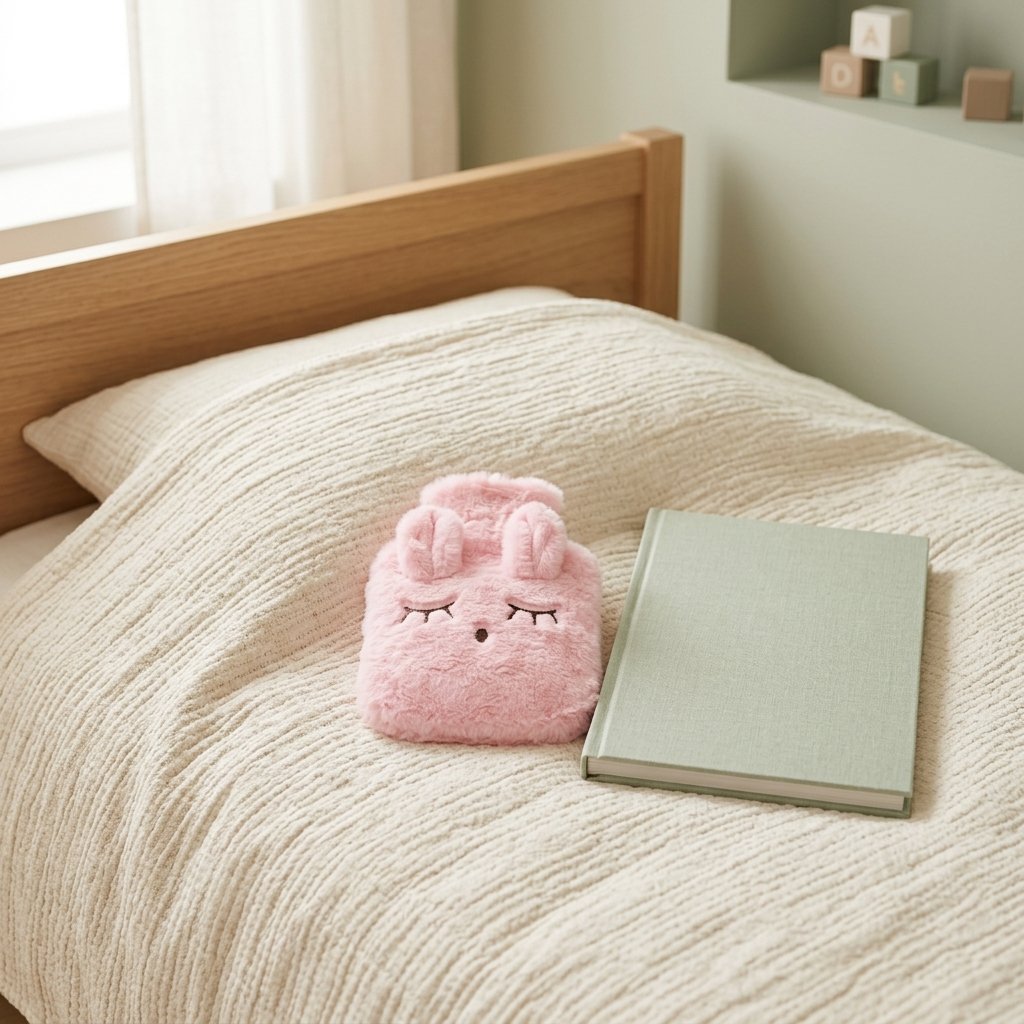 Bouillotte lapin endormi rose sur le lit d’un grand enfant