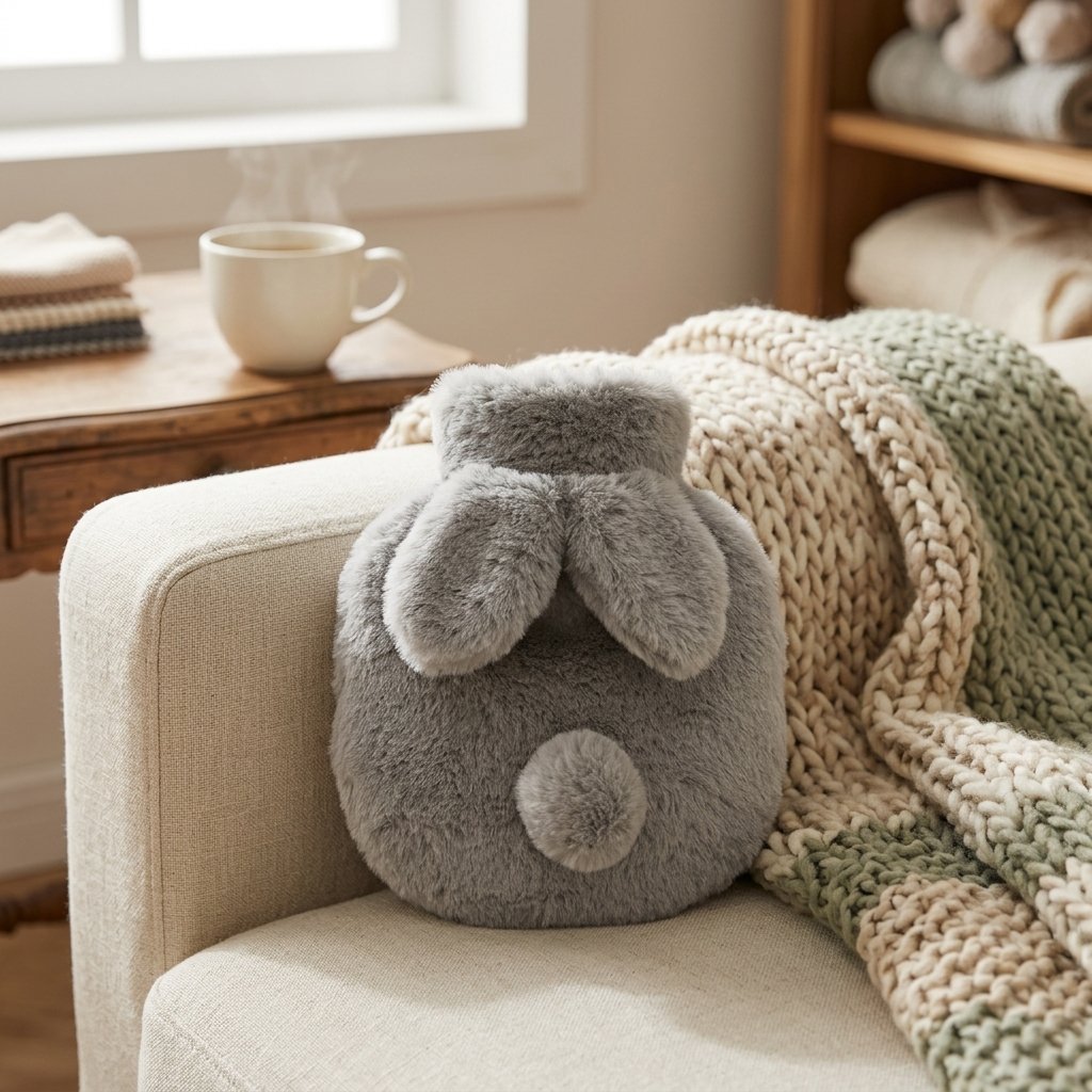 Bouillotte lapin posée sur un canapé avec un plaid en maille