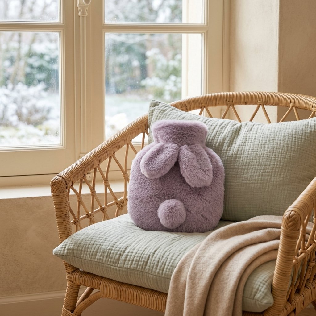 Bouillotte lapin violette sur un fauteuil en rotin