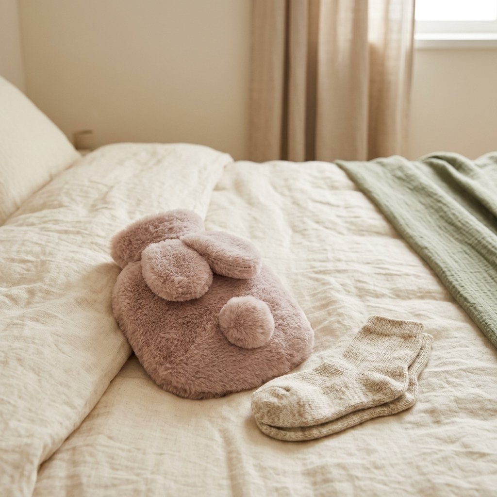 Bouillotte lapin rose au pied d’un lit avec des chaussettes en laine