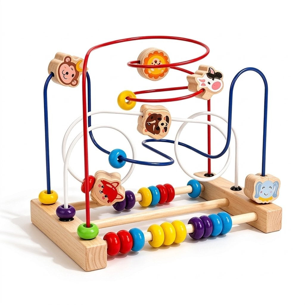 Circuit de motricité en bois à trois fils, perles et cubes animaux
