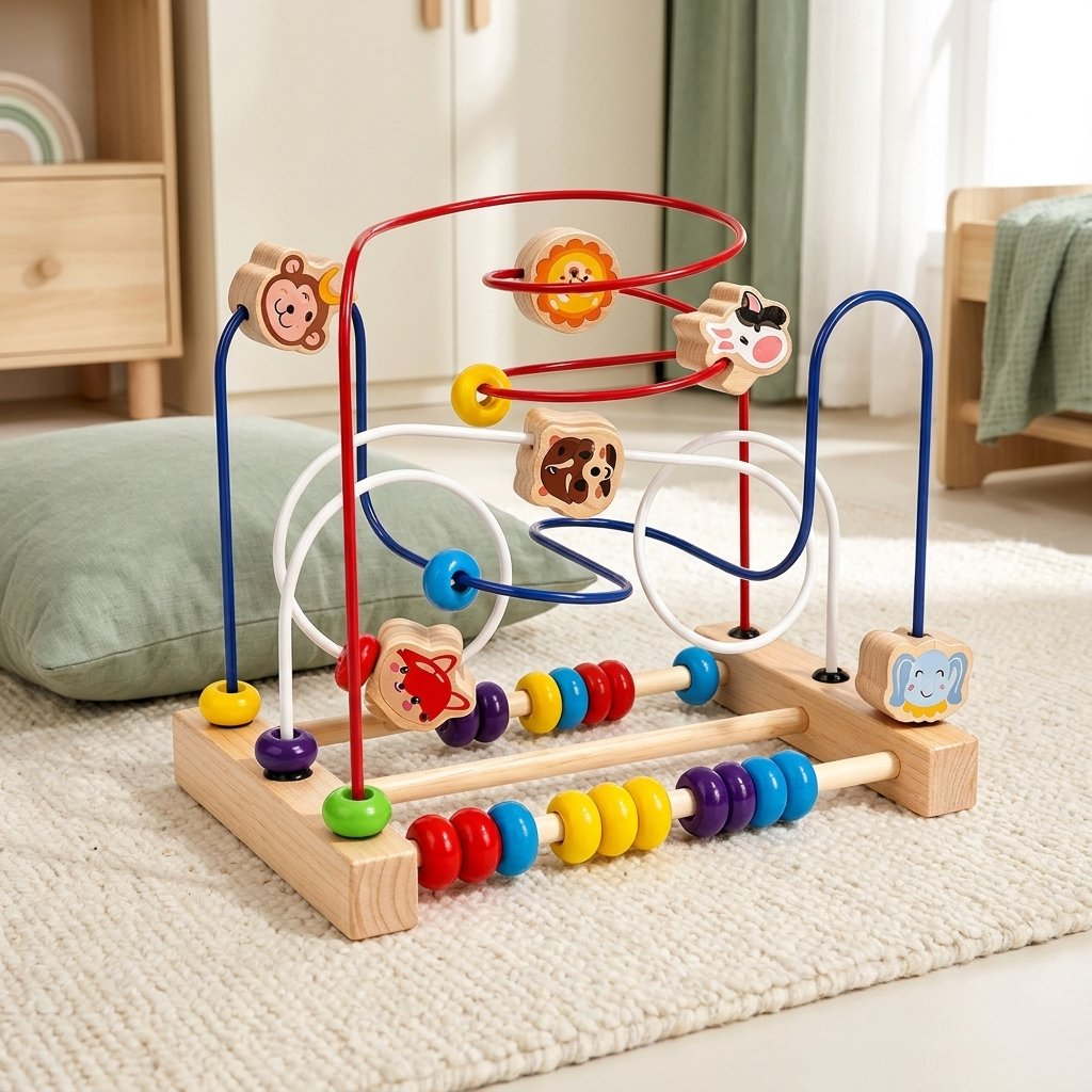 Circuit de motricité posé sur un tapis crème
