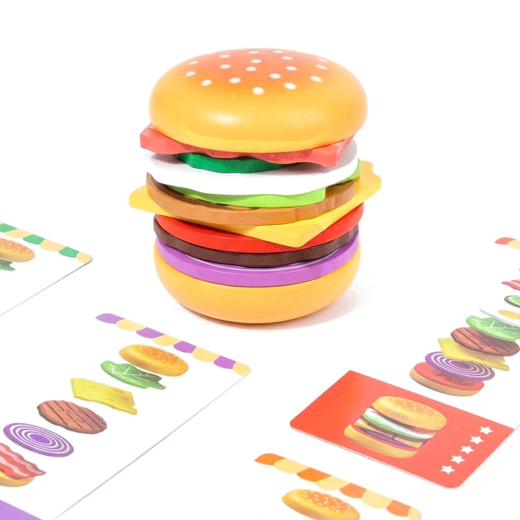 Hamburger en bois à empiler avec cartes modèles