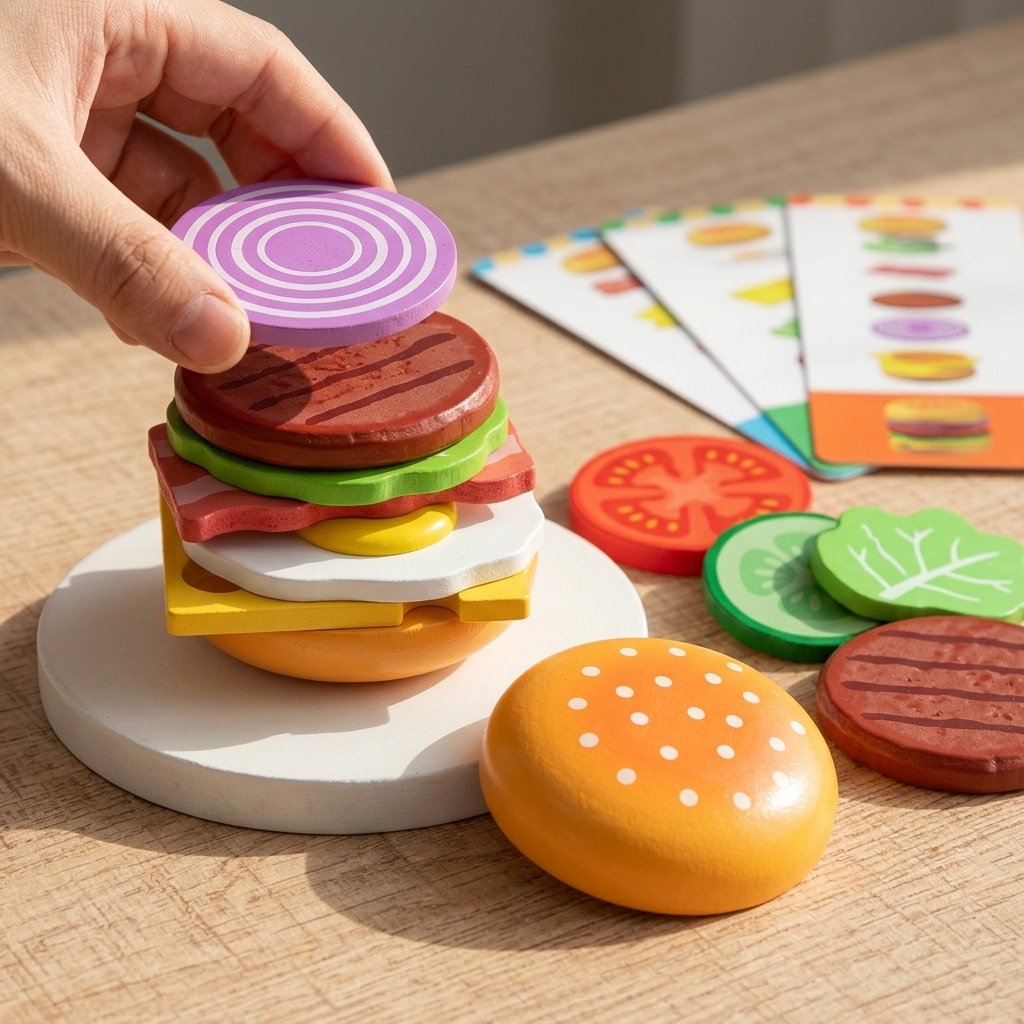 Rondelles du hamburger en bois en cours d'empilage Image