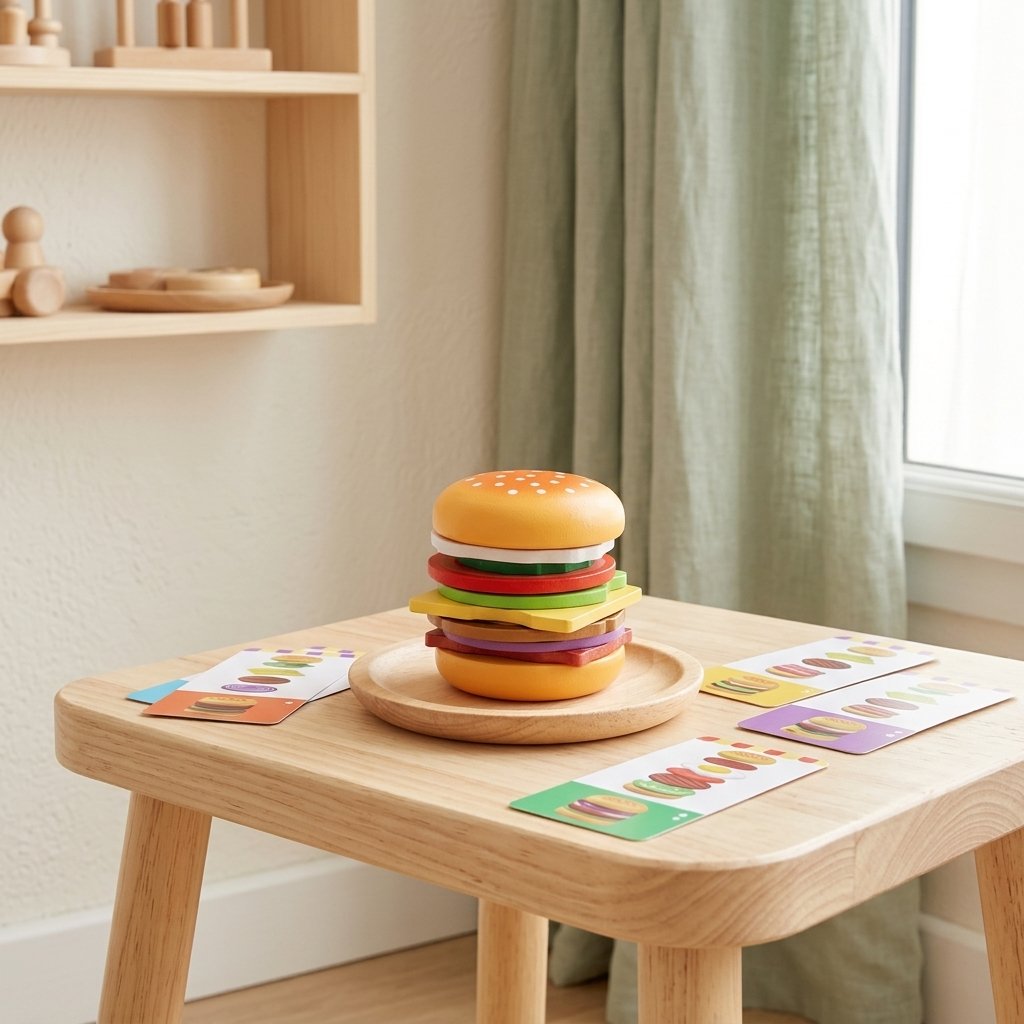 Hamburger en bois sur une assiette, cartes modèles à côté Image