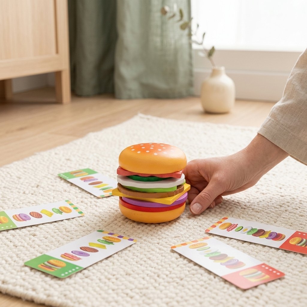 Hamburger en bois et cartes sur un tapis crème
