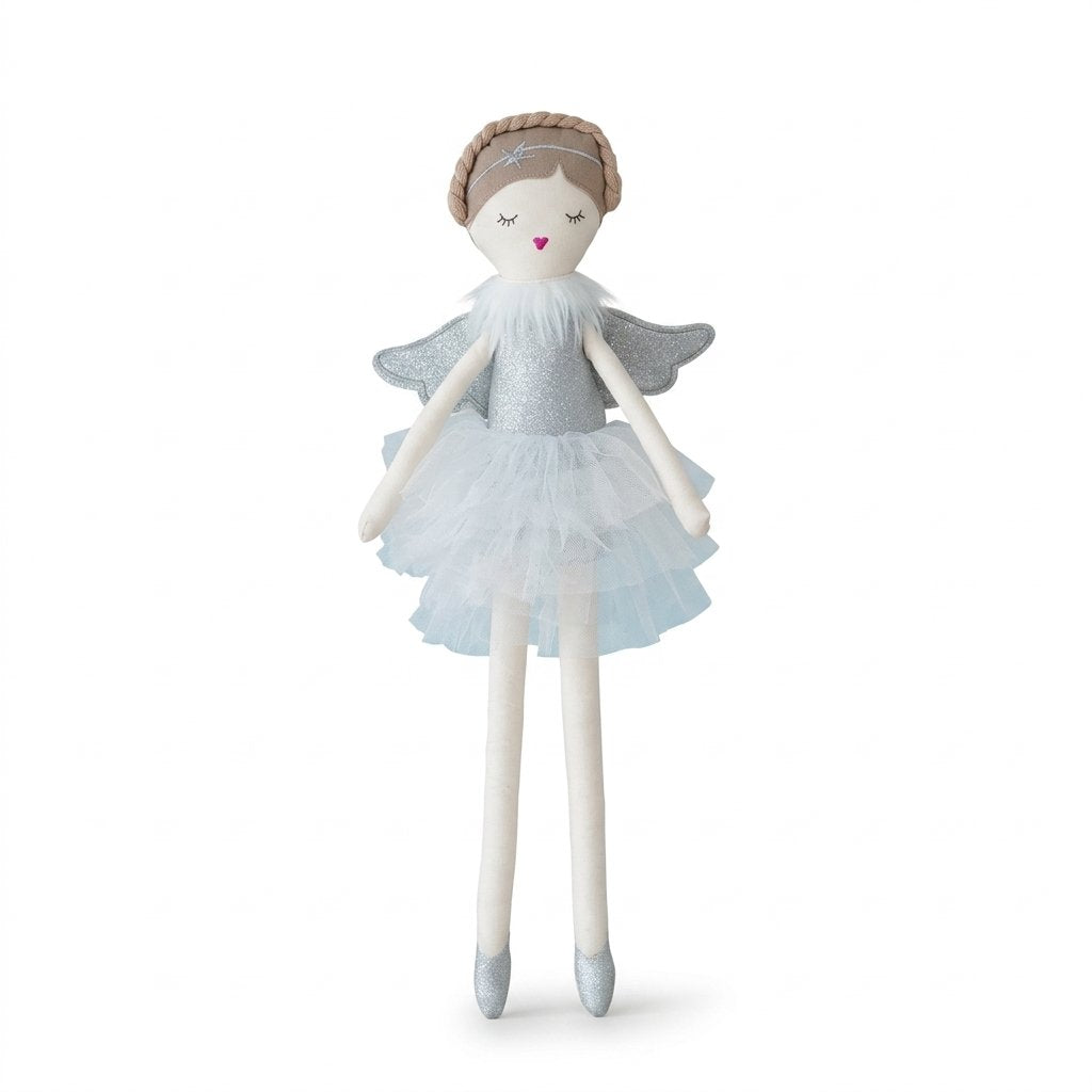 Poupée ange ballerine à ailes argentées pailletées et tutu en tulle blanc