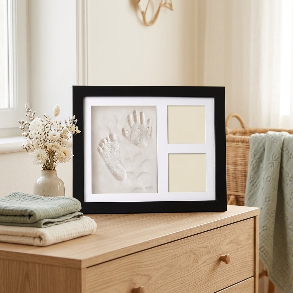 Cadre empreinte noir posé sur une commode de chambre de bébé