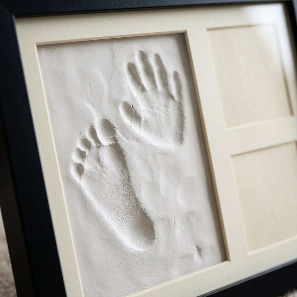 Détail de l'empreinte de main et de pied dans la pâte blanche