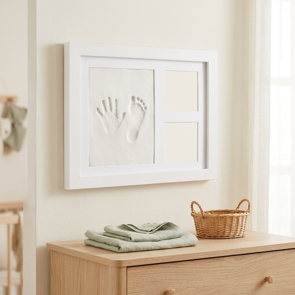 Cadre empreinte blanc accroché au mur d'une chambre de bébé