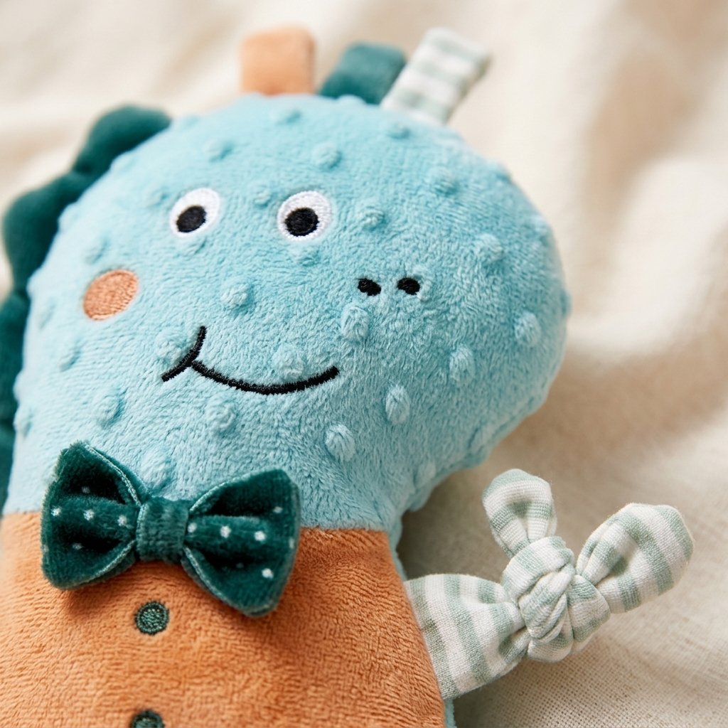Détail de la tête du doudou câlin dinosaure