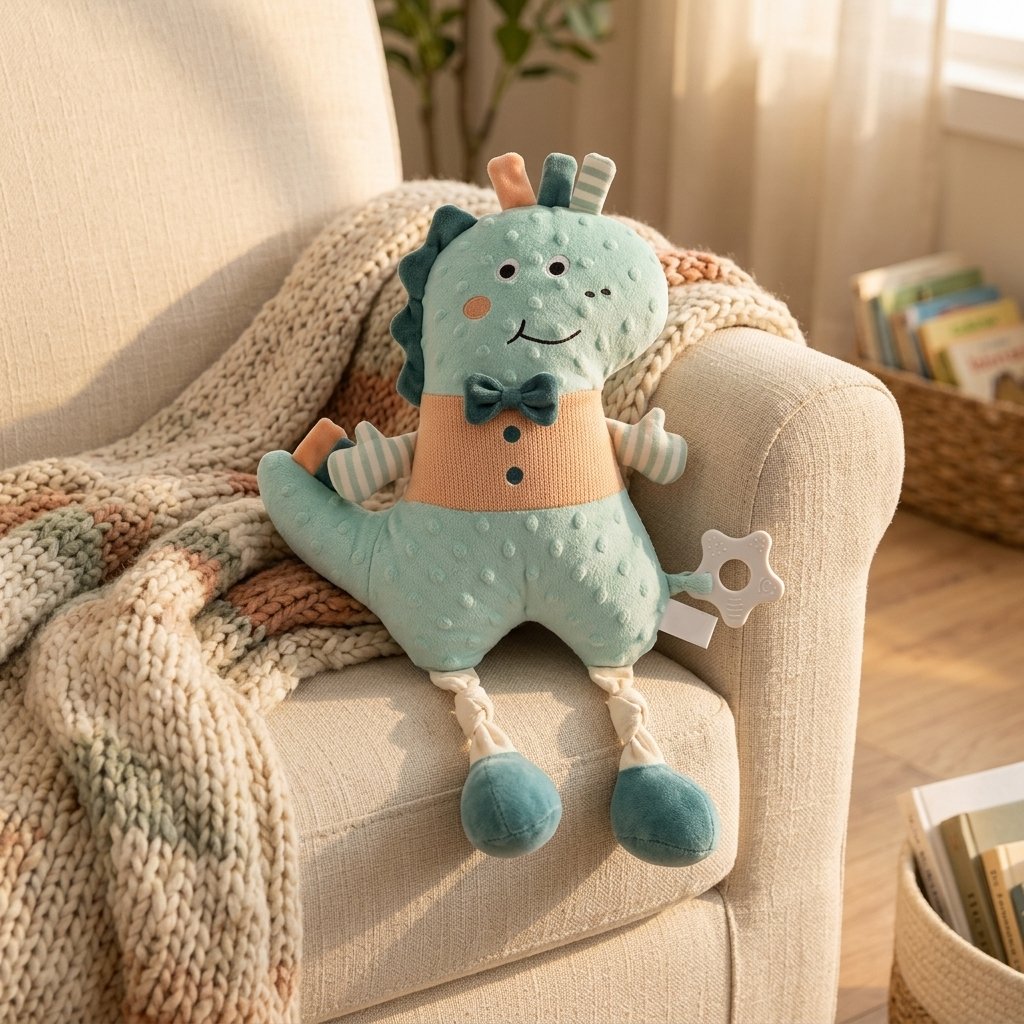 Doudou câlin dinosaure sur un fauteuil