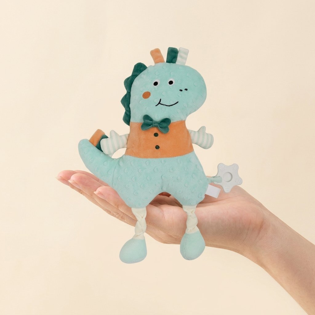 Doudou câlin dinosaure LOUISON tenu dans la main