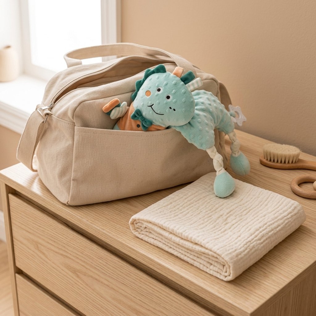 Doudou câlin dinosaure dans un sac à langer Image