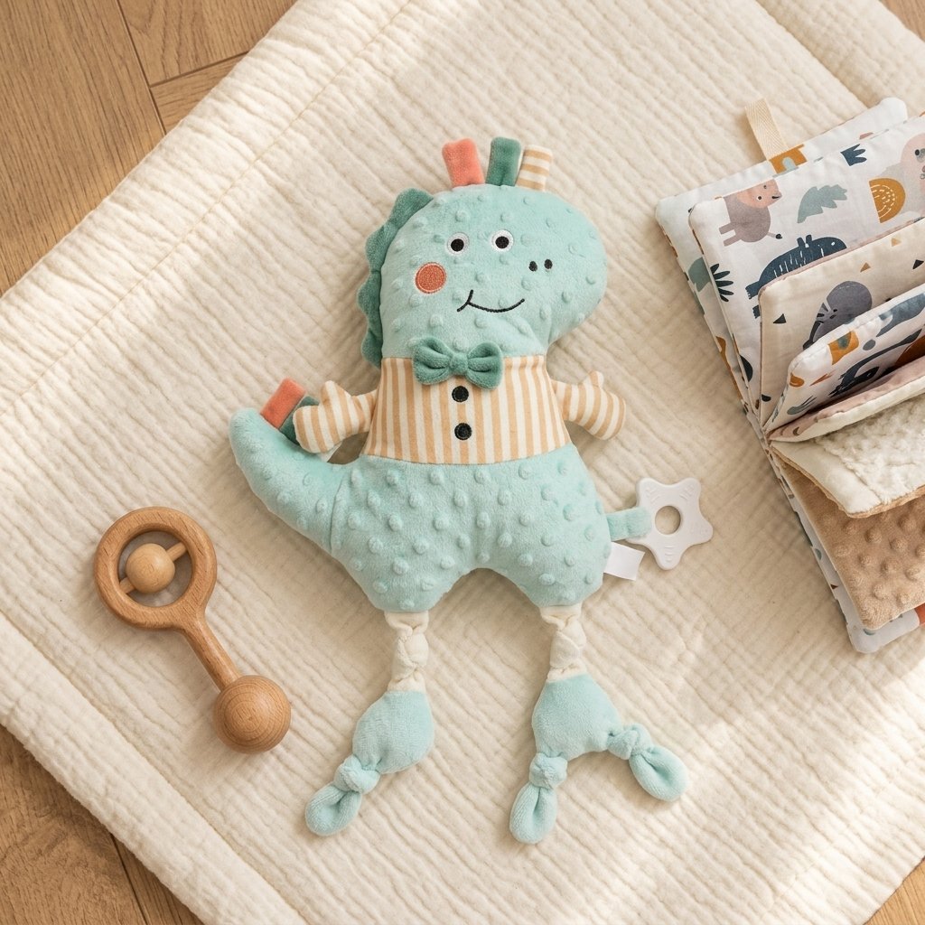 Doudou câlin dinosaure sur un tapis de jeu