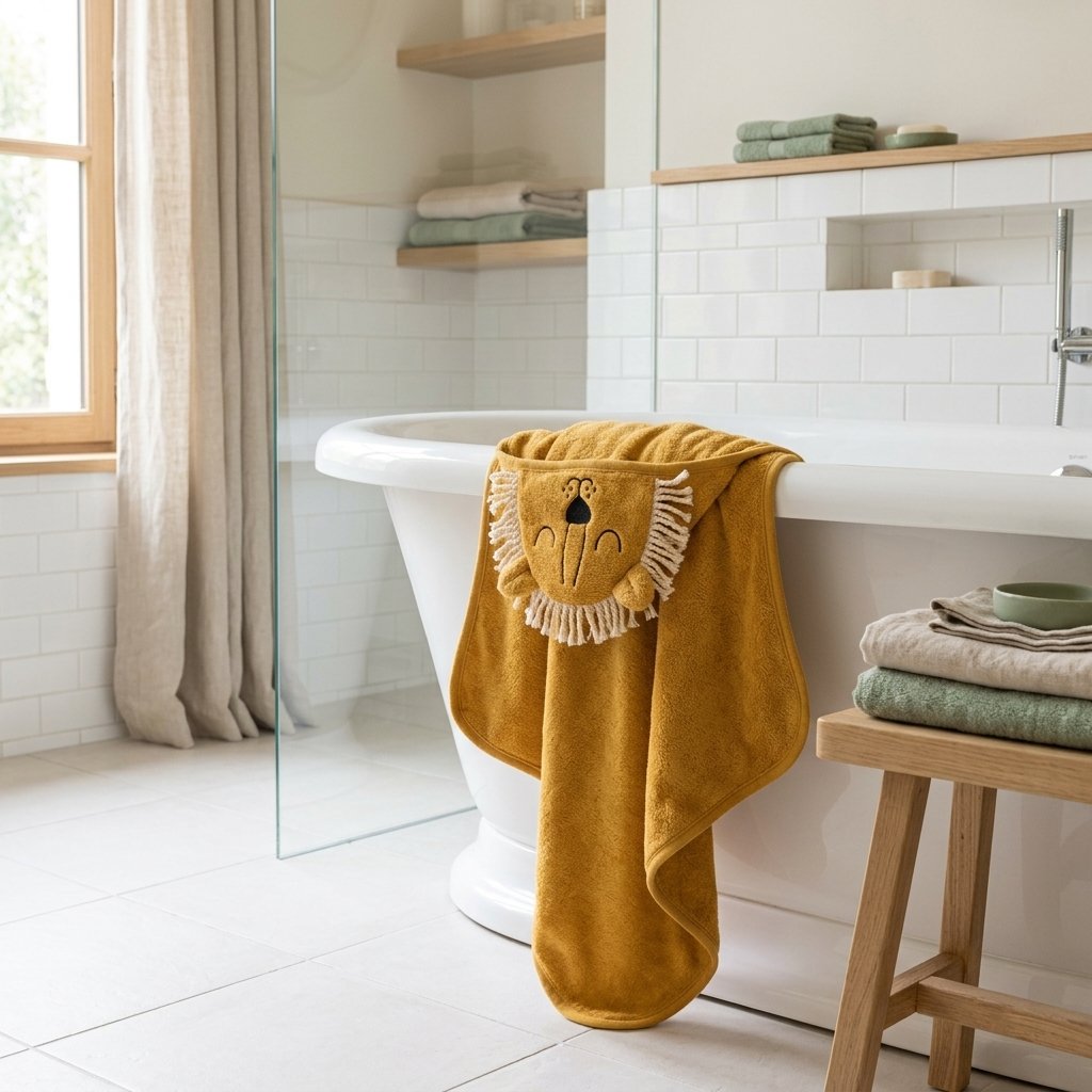 Cape de bain lion posée sur le rebord d'une baignoire