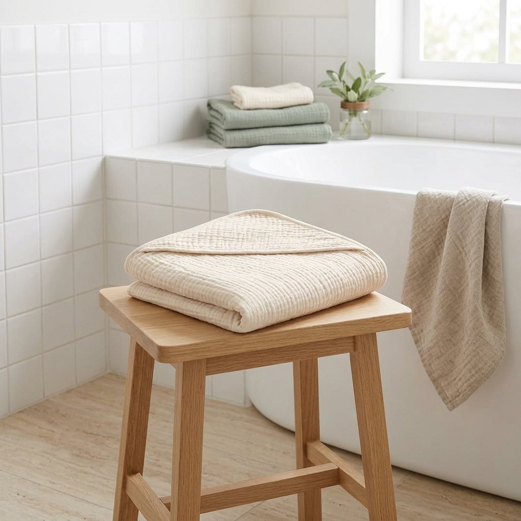 Cape de bain en gaze pliée sur un tabouret près de la baignoire