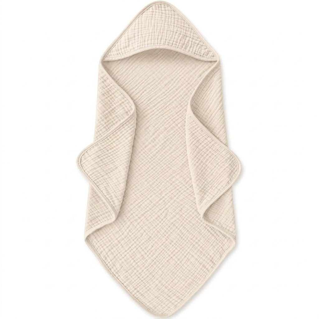 Cape de bain bébé à capuche en gaze de coton crème