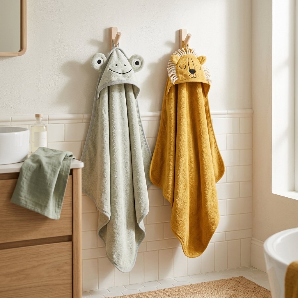 Capes de bain grenouille et lion suspendues à des patères