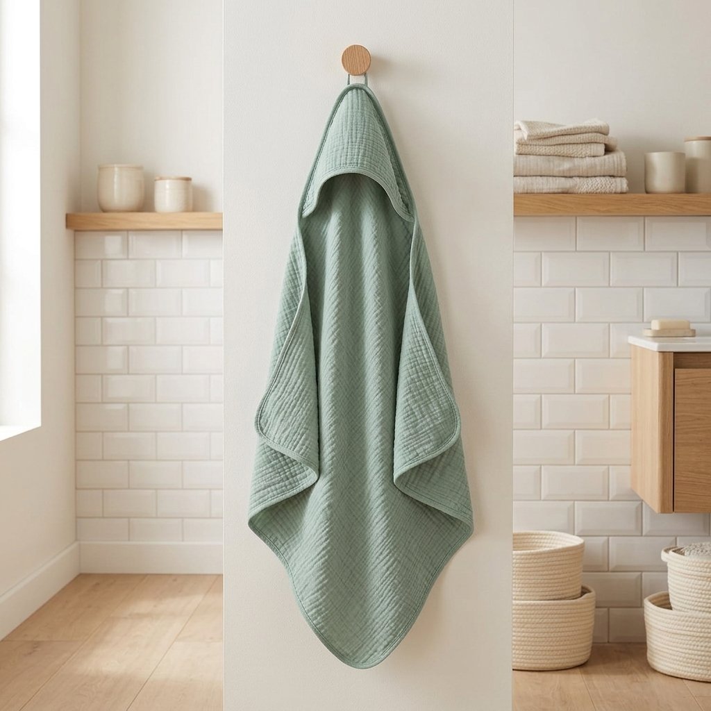 Cape de bain vert sauge suspendue à une patère