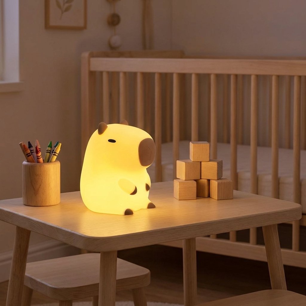 Veilleuse capybara sur un bureau d'enfant