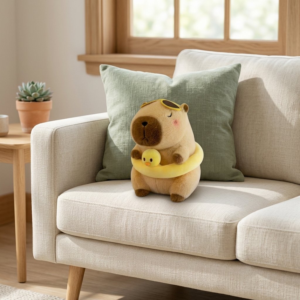Peluche capybara avec bouée canard sur un canapé