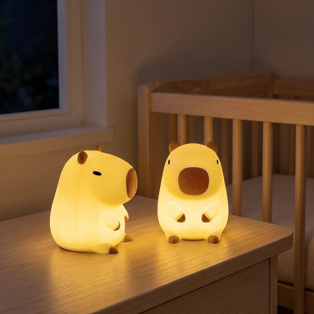 Deux veilleuses capybara allumées sur une commode