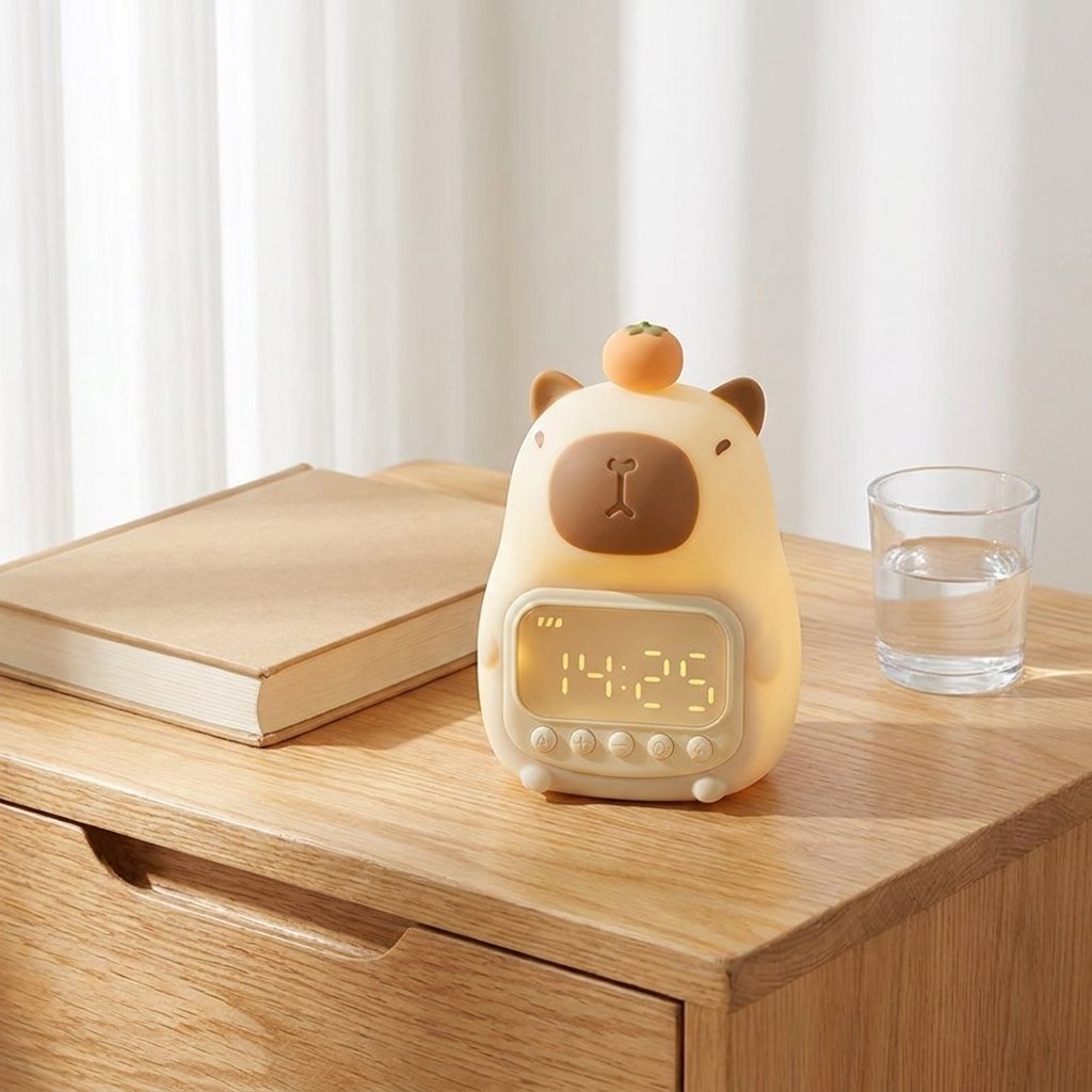 Réveil veilleuse capybara à côté d'un livre d'enfant pour donner la taille