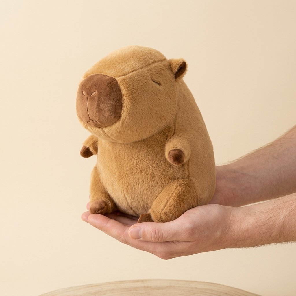 Peluche capybara tenue dans les mains pour montrer sa taille
