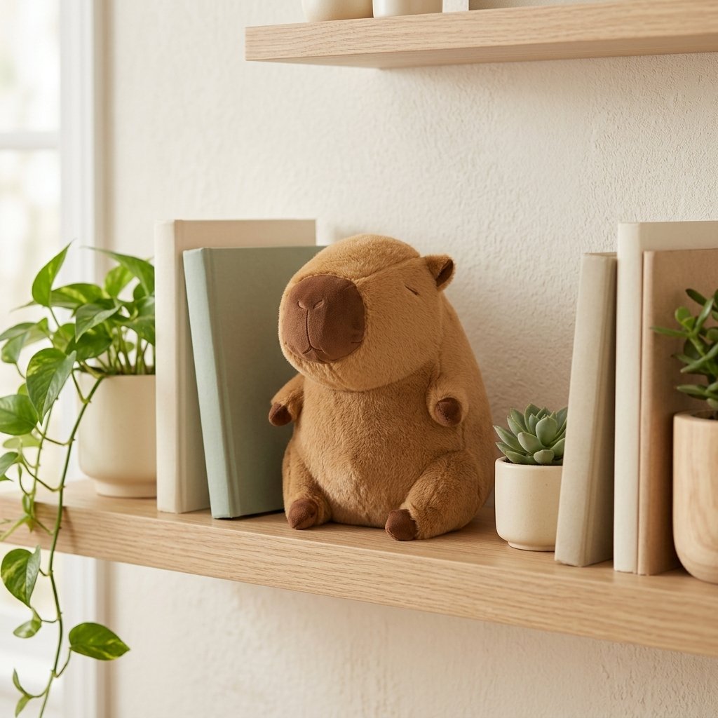 Peluche capybara classique sur une étagère entre des plantes