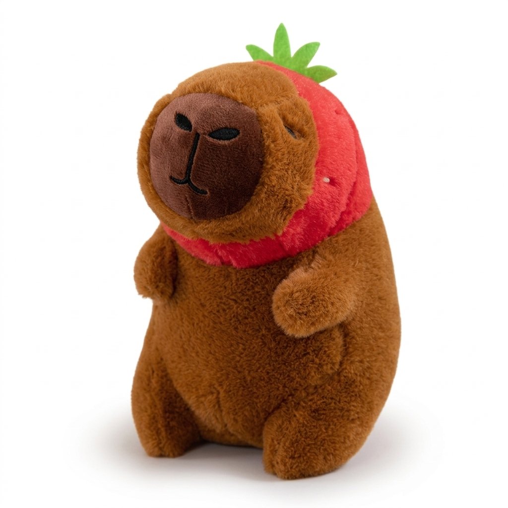 Peluche capybara avec son bonnet fraise