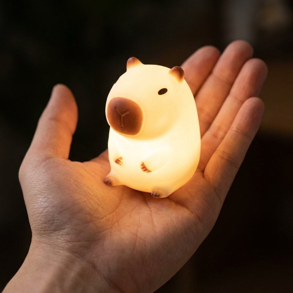 Veilleuse capybara allumée dans la paume de la main