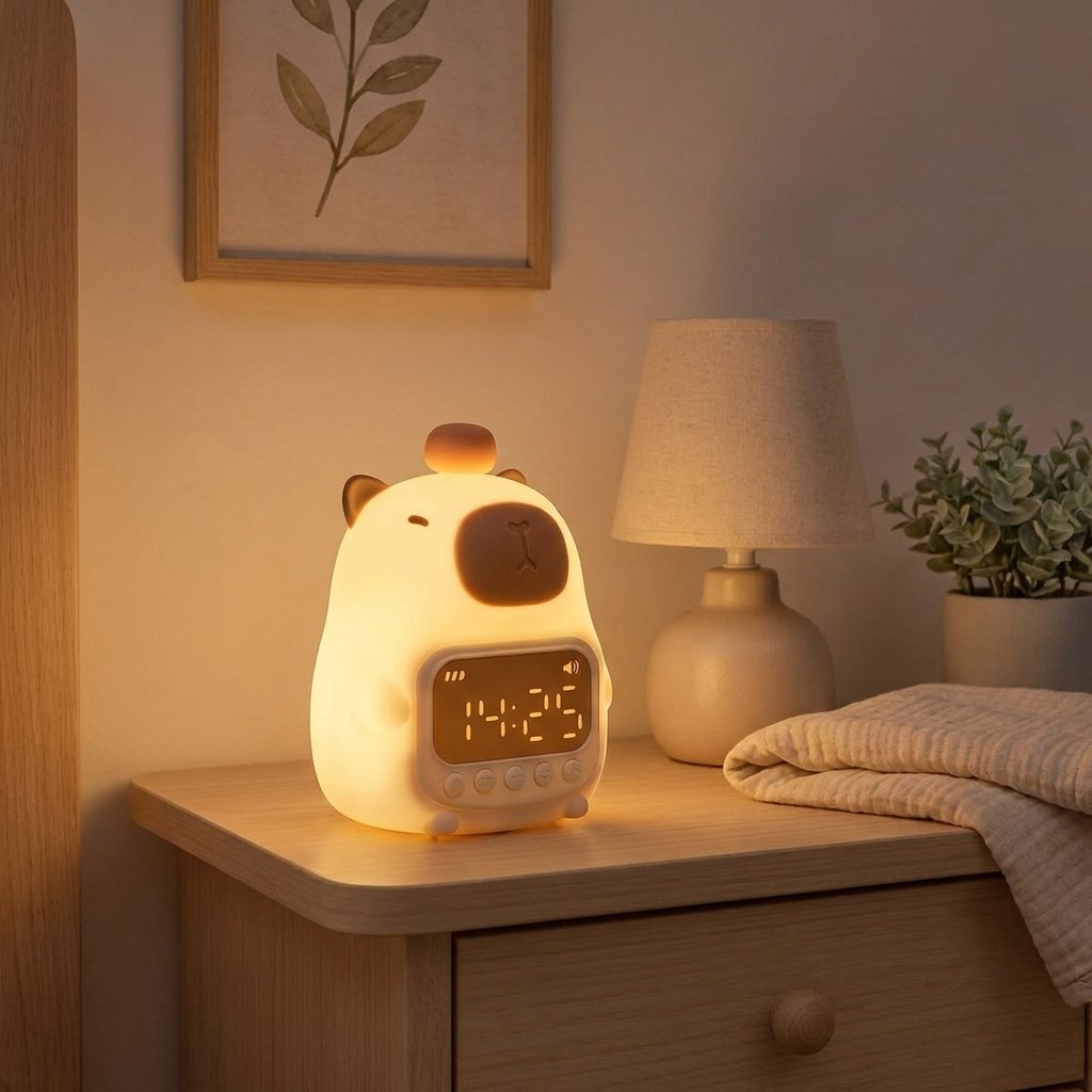 Réveil veilleuse capybara allumé le soir sur une table de nuit