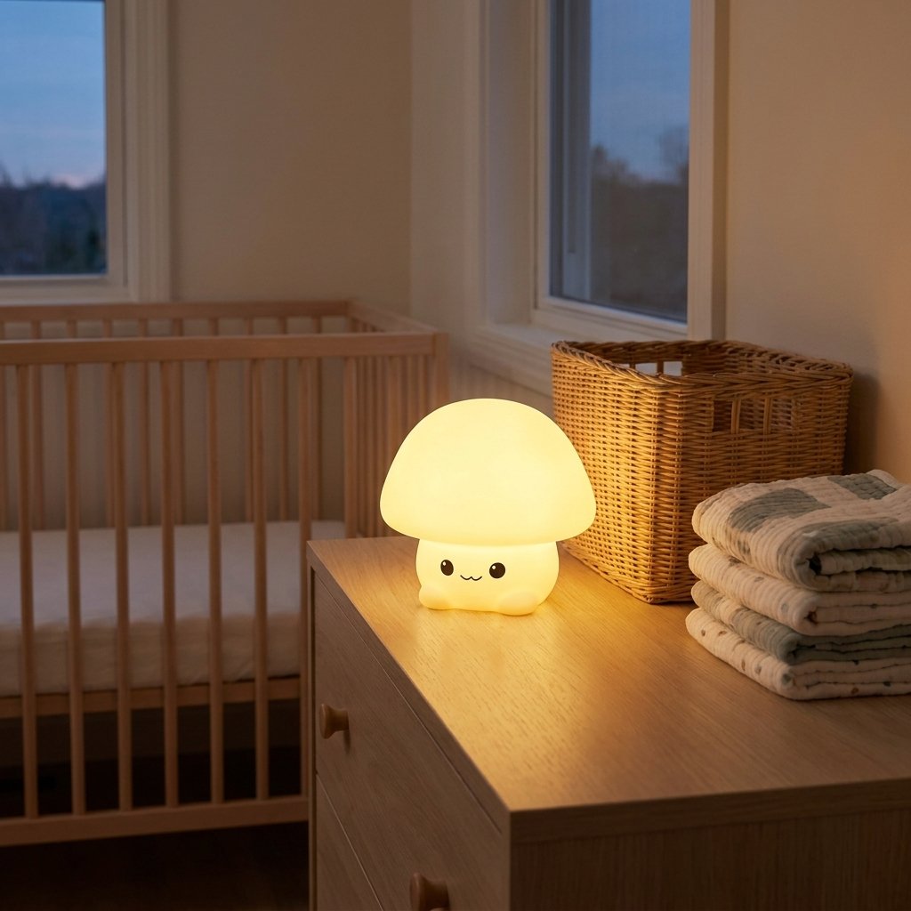 Veilleuse champignon sur une commode à côté de langes Image