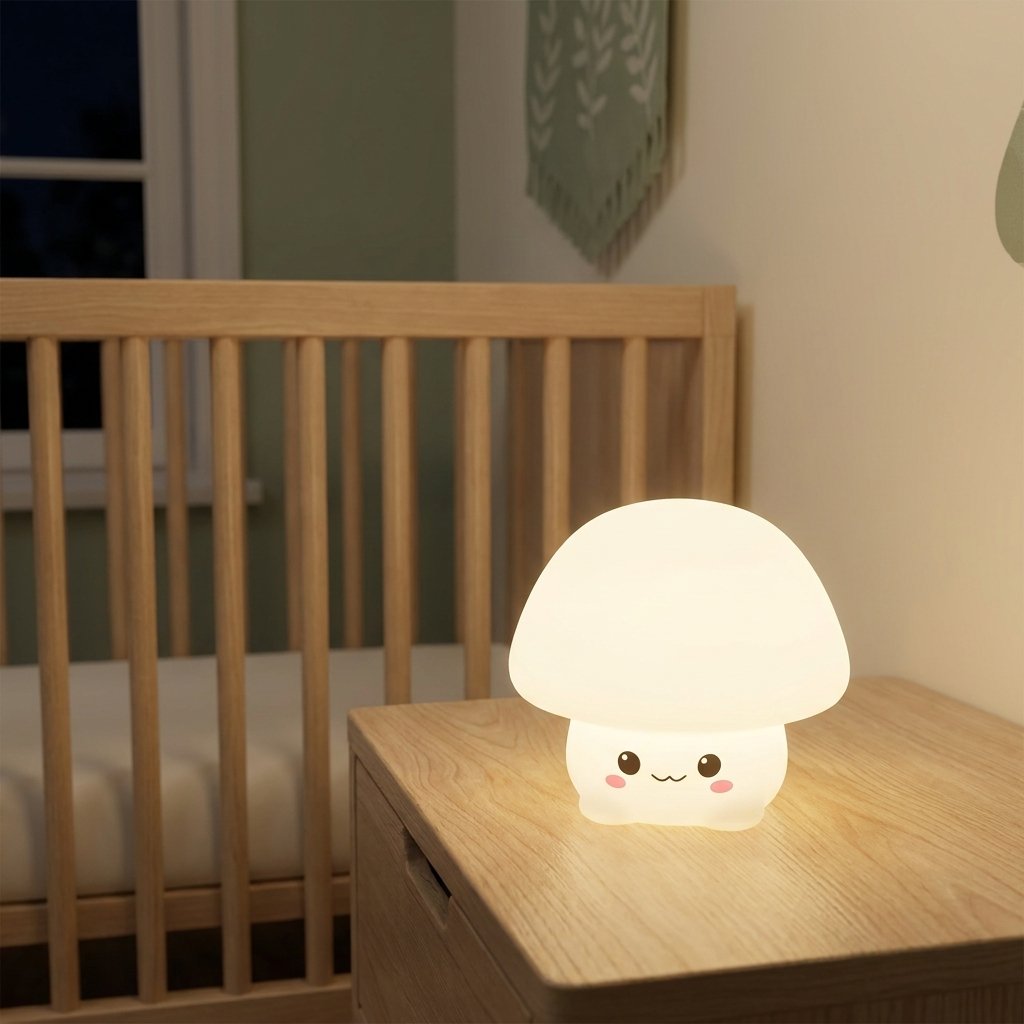 Veilleuse champignon sur une table de nuit