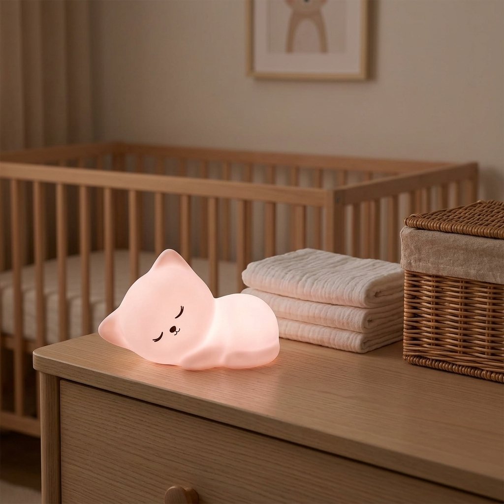 Veilleuse chat endormi allumée en rose sur une commode