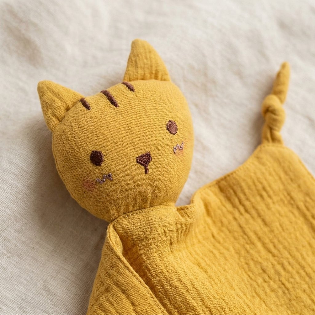 Détail de la tête brodée du doudou chat en gaze de coton