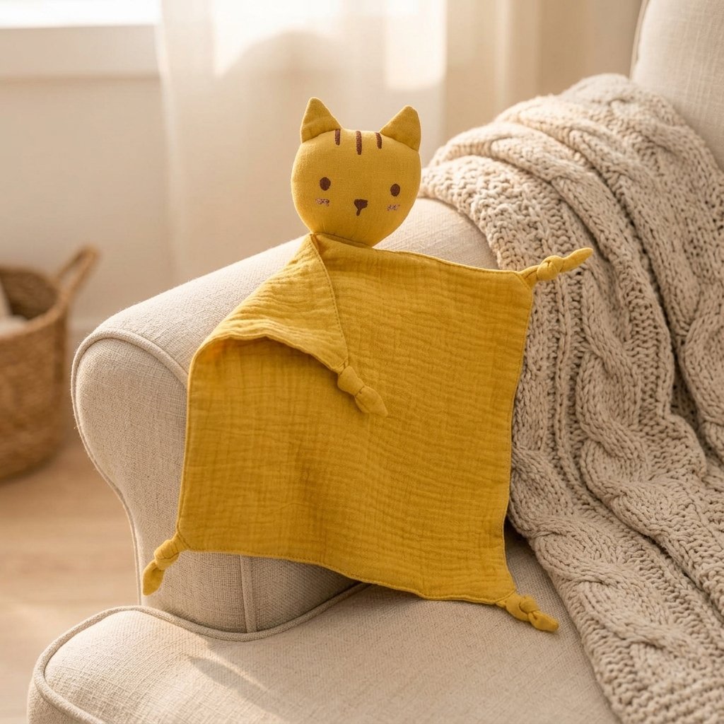 Doudou chat moutarde posé sur un fauteuil Image