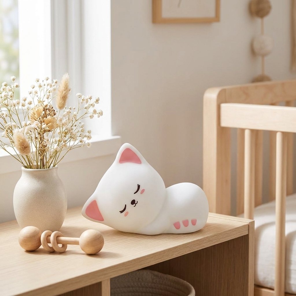 Veilleuse chat endormi éteinte sur une étagère