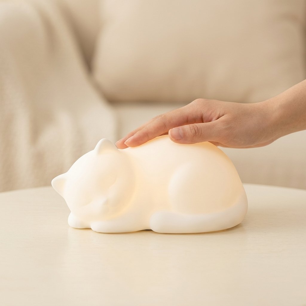 Main posée sur la veilleuse chat endormi pour montrer sa taille