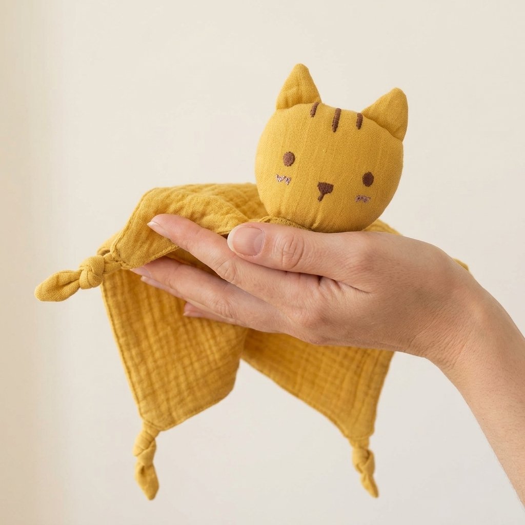 Doudou chat SIXTINE moutarde tenu dans la main