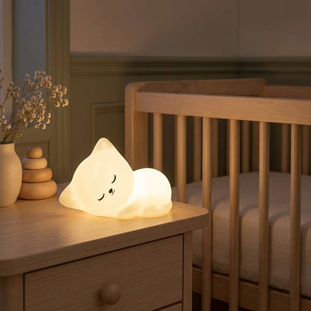 Veilleuse chat endormi allumée sur une table de nuit