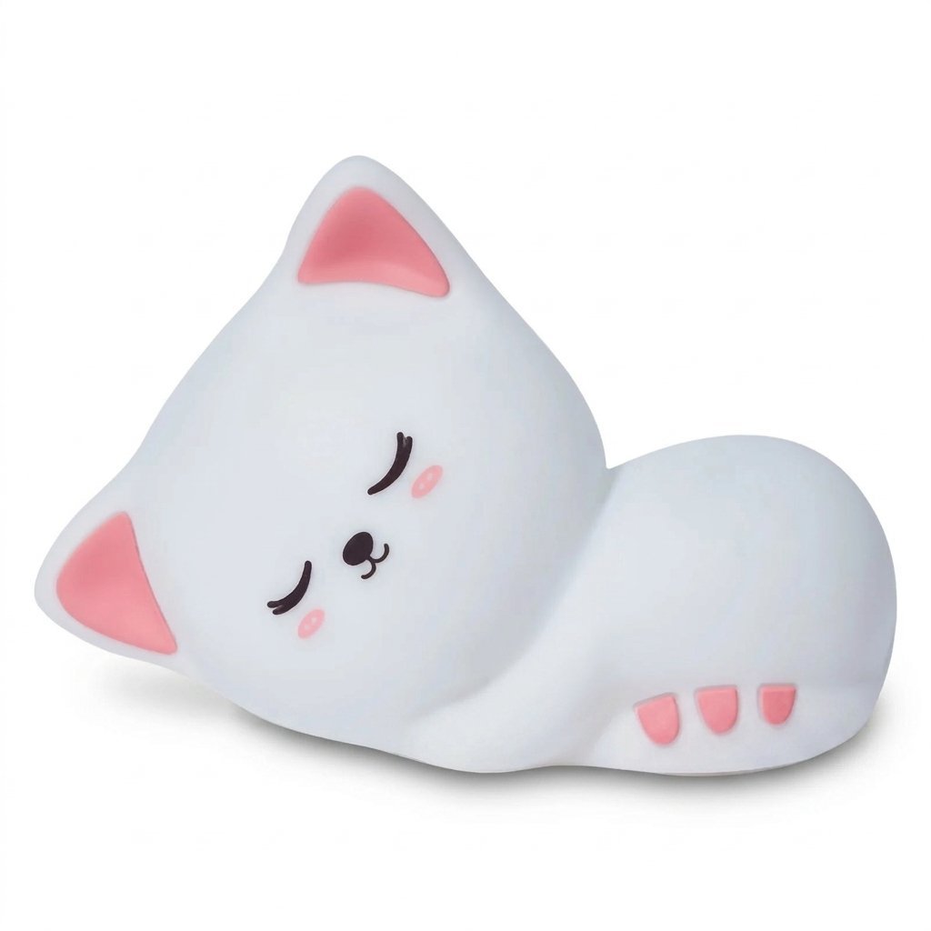 Veilleuse chat endormi blanche aux oreilles roses